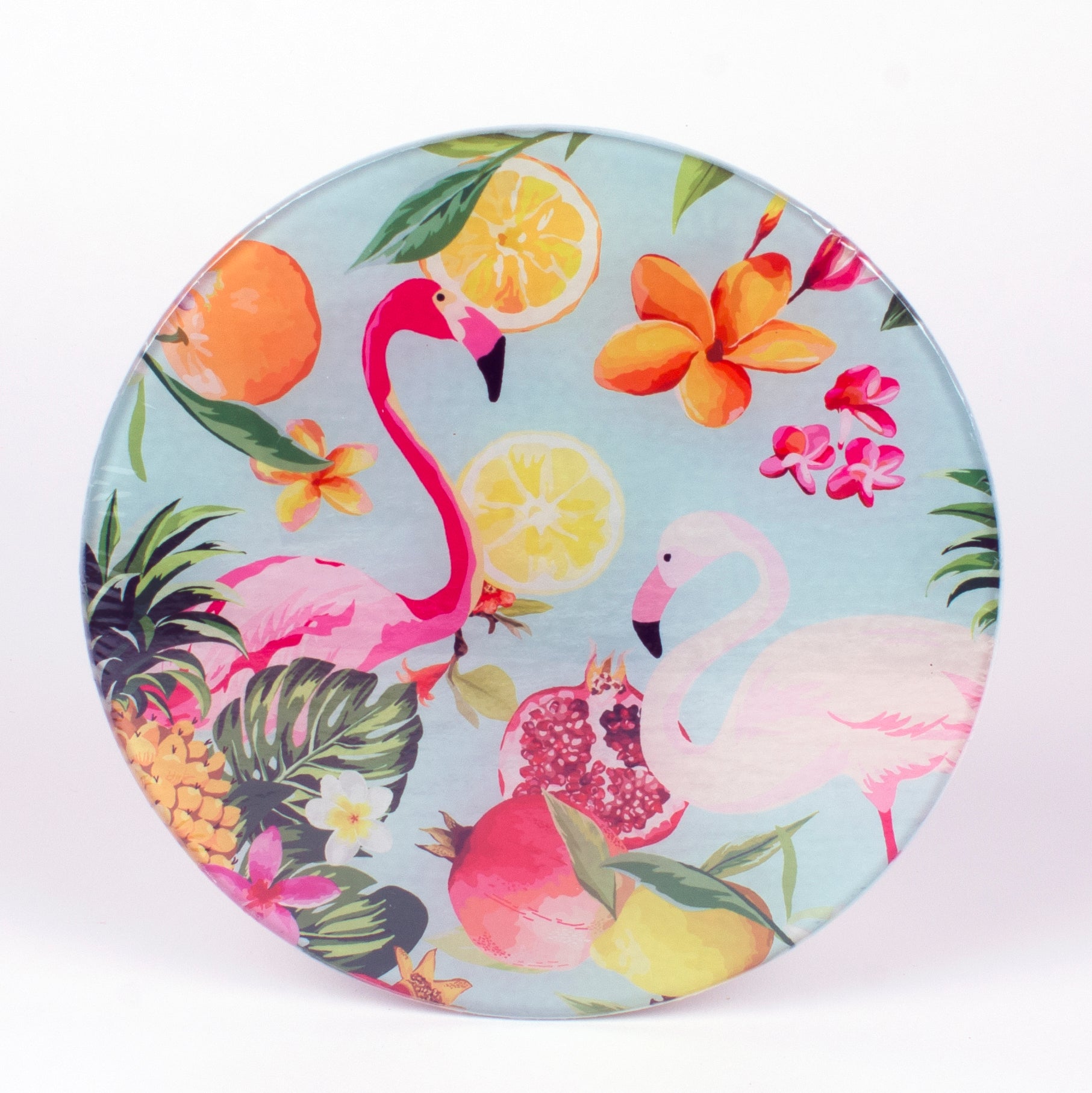 8" glass round cutting board with Flamingo and Fruit