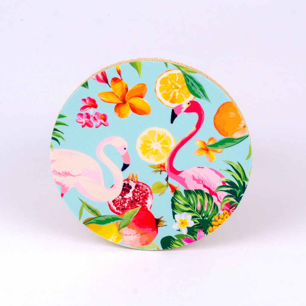 4" round rubber coaster with flamingo and fruit
