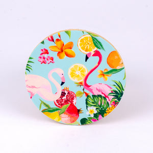4" round rubber coaster with flamingo and fruit