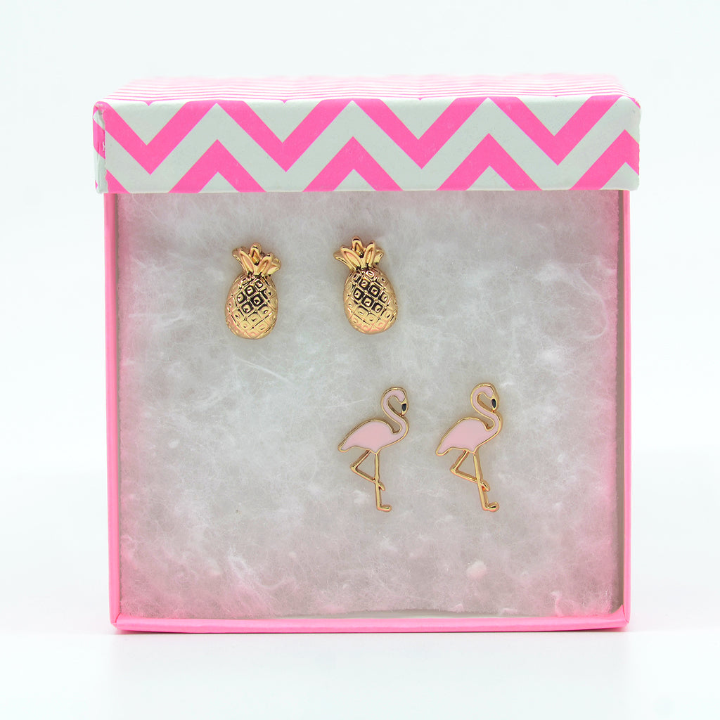 flamingo and pineapple gold plated duo earrings