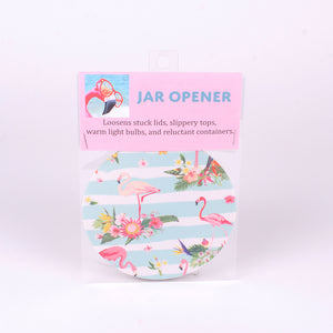 5" Jar Opener of Pink Flamingo with Blue Stripe background