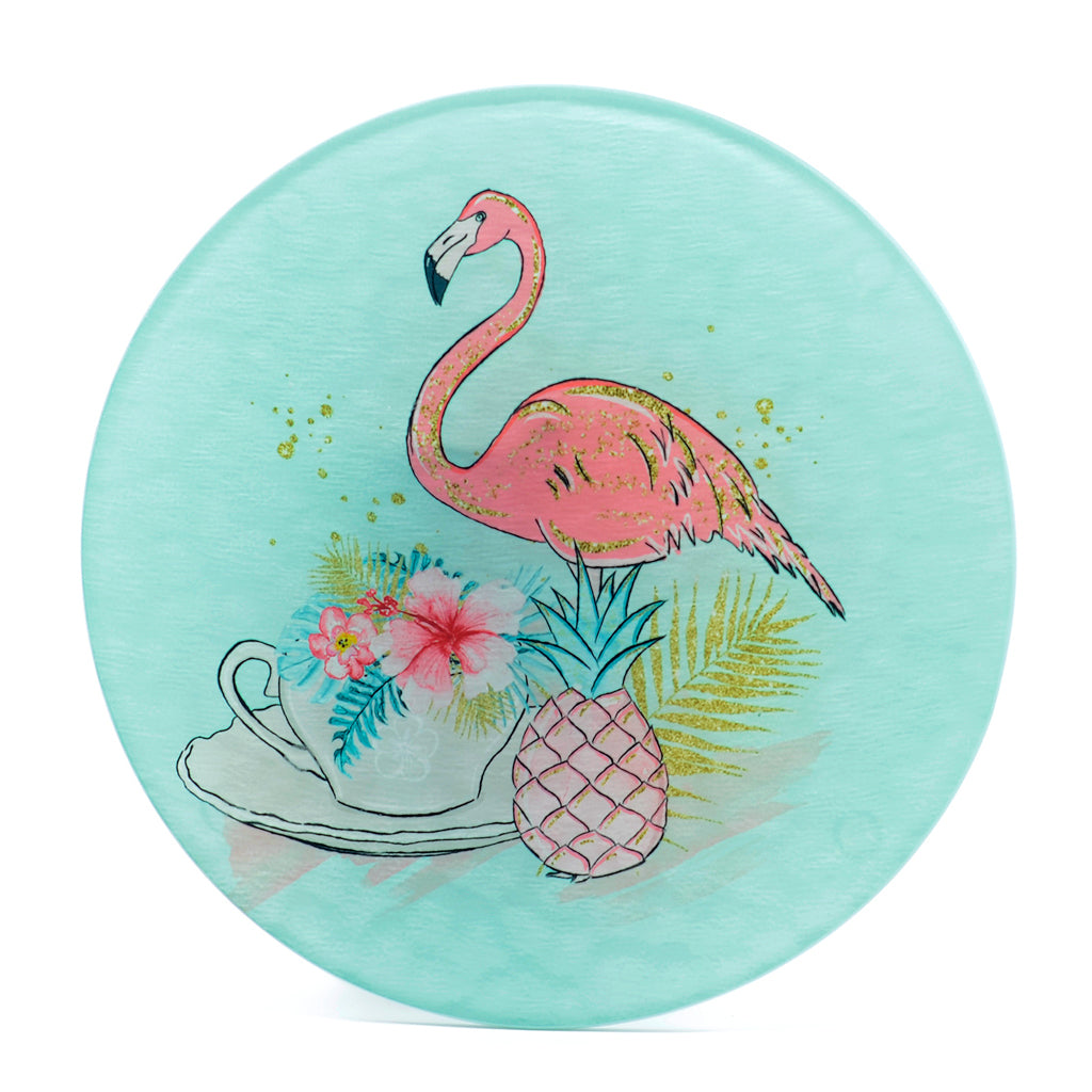 8" glass round cutting board-flamingo and teapot