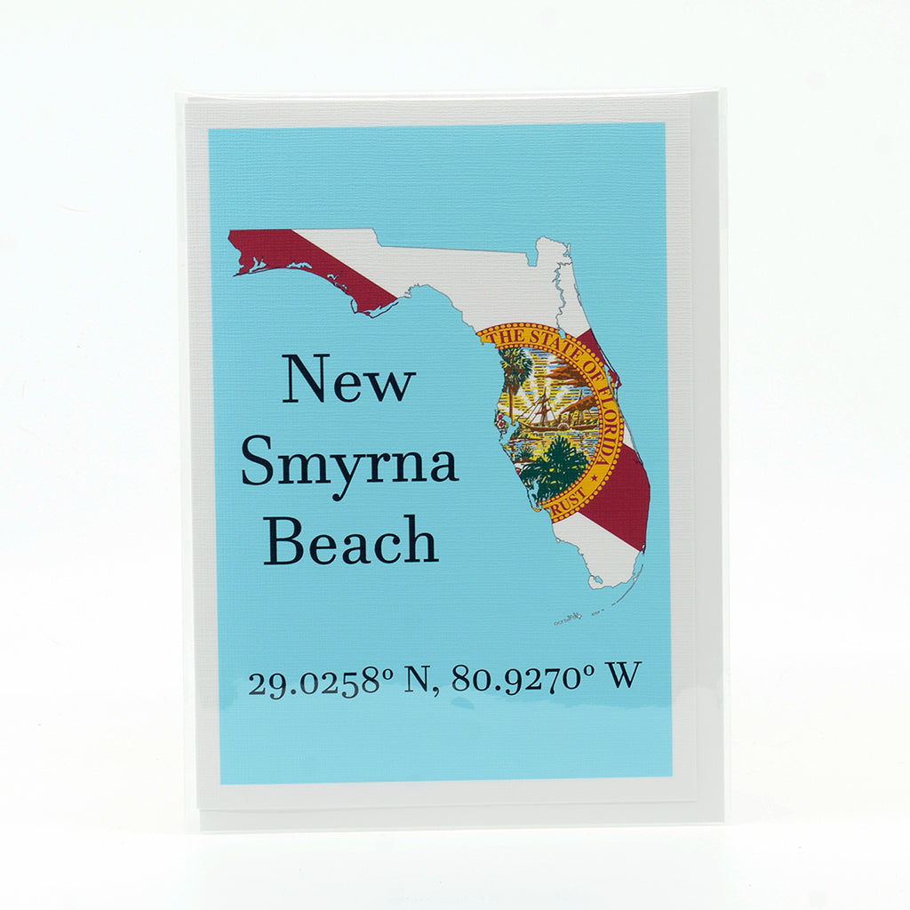 State of Florida Flag glossy notecard with New Smyrna Beach LAT/LONG