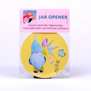 Rubber Jar Opener with Gnome holding spring flowers