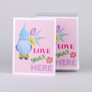 Set of 5 notecards and envelopes on front-Gnome Love grows Here (4"x5.25")