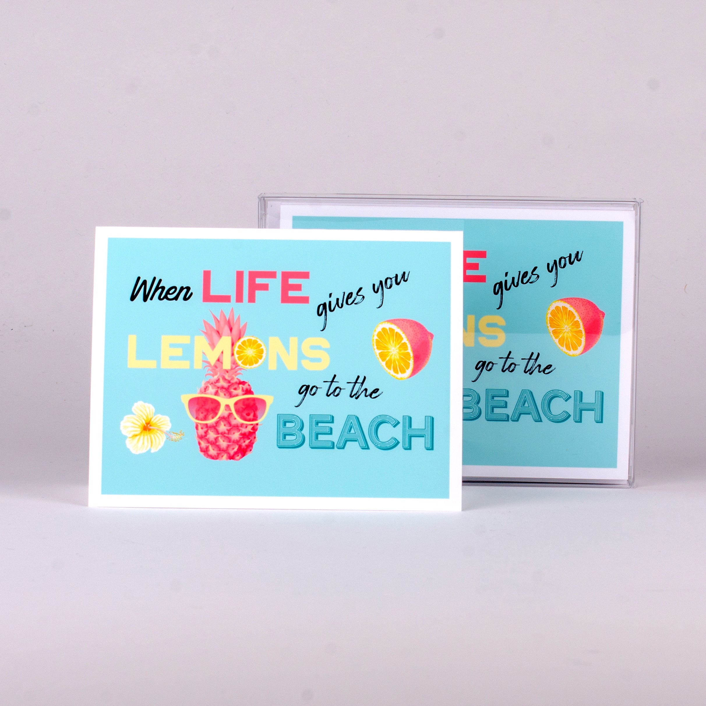 Set of 5 notecards and envelopes on front-When Life gives you Lemons go to the beach (4"x5.25")