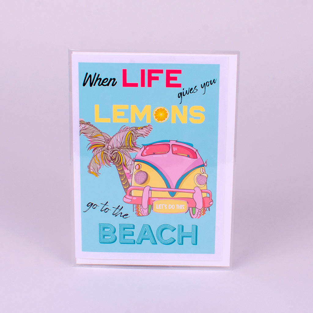 When life gives you lemons go to the beach with VW Bug and Palm Trees