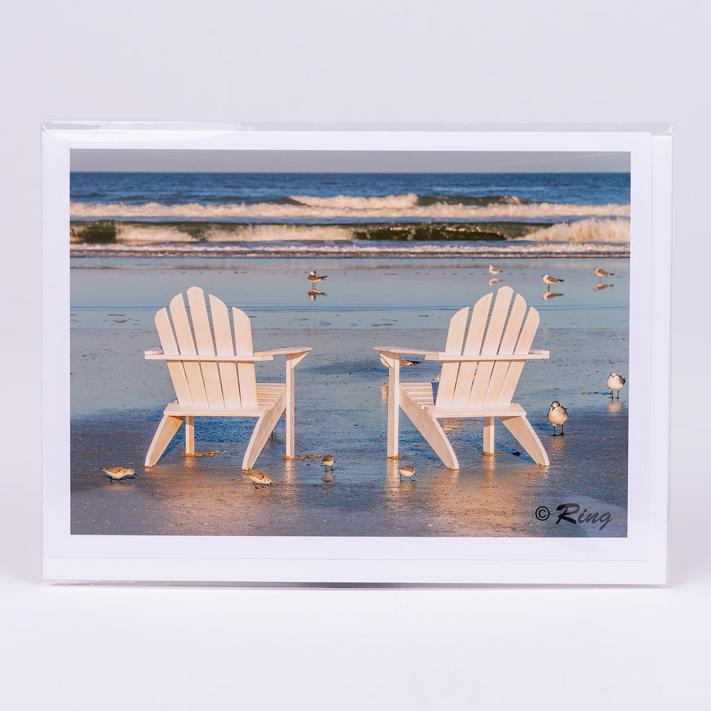 Two adironack chairs photographic notecard on the beach