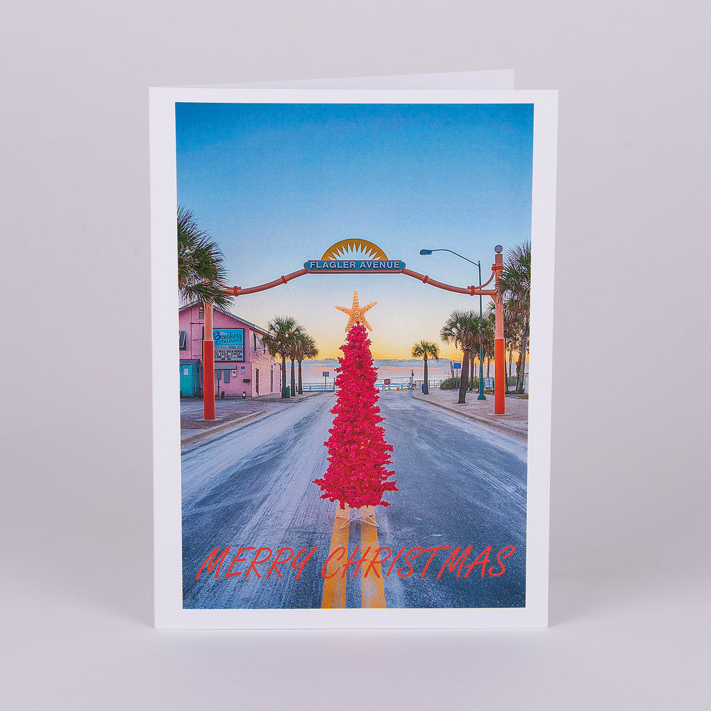 Flagler Avenue Christmas Notecard-Pink Christmas Tree in Front of Entrance to the Beach