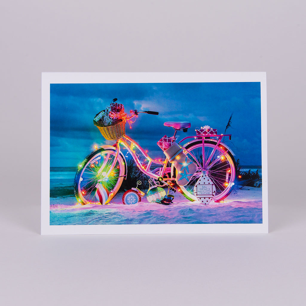Beach Cruiser Christmas Notecard (Bike decorated with Christmas Lights on the Beach)