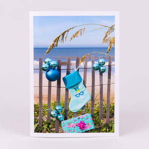 2019 New Smyrna Beach Notecard with Blue Christmas Stocking and Balls