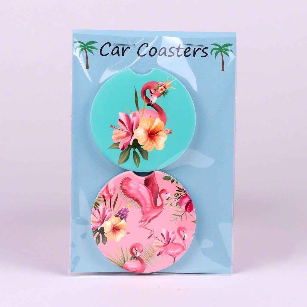 Set of 2 Divot Car Coasters with Flamingo Flower
