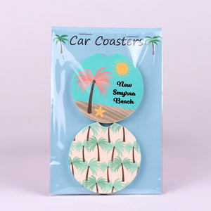 Set of 2 Sandstone Divot Car Coasters with Palm Trees