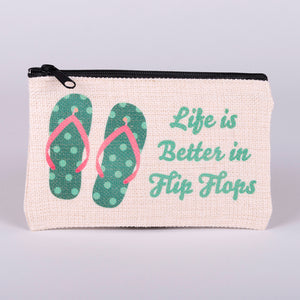 Small Zipper Bag-Blue Flip Flops with words Life is better in flip flops made with polyester linen with zipper