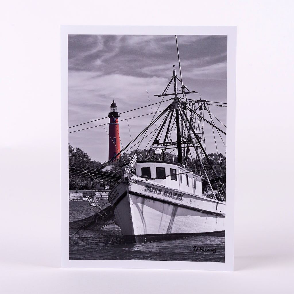 Miss Hazel shrimp boat anchored by the Ponce Inlet Lighthouse on a 5"x7" glossy notecard-blank inside (image is black & white and color)