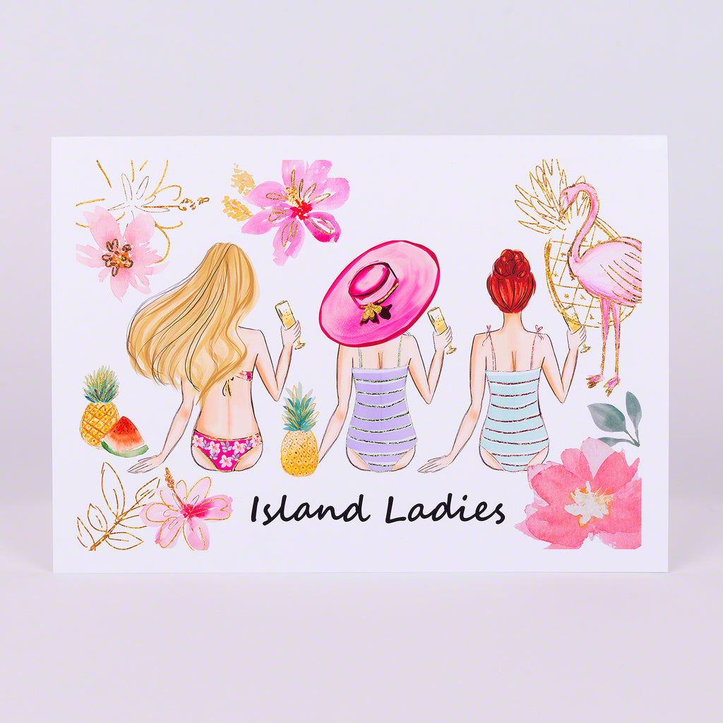 Three Island Ladies on the Beach 5"x7" glossy notecard-blank inside