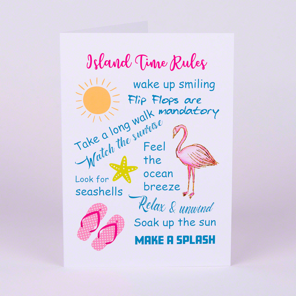 List of Island Time Rules on a 5"x7" glossy notecard-blank inside