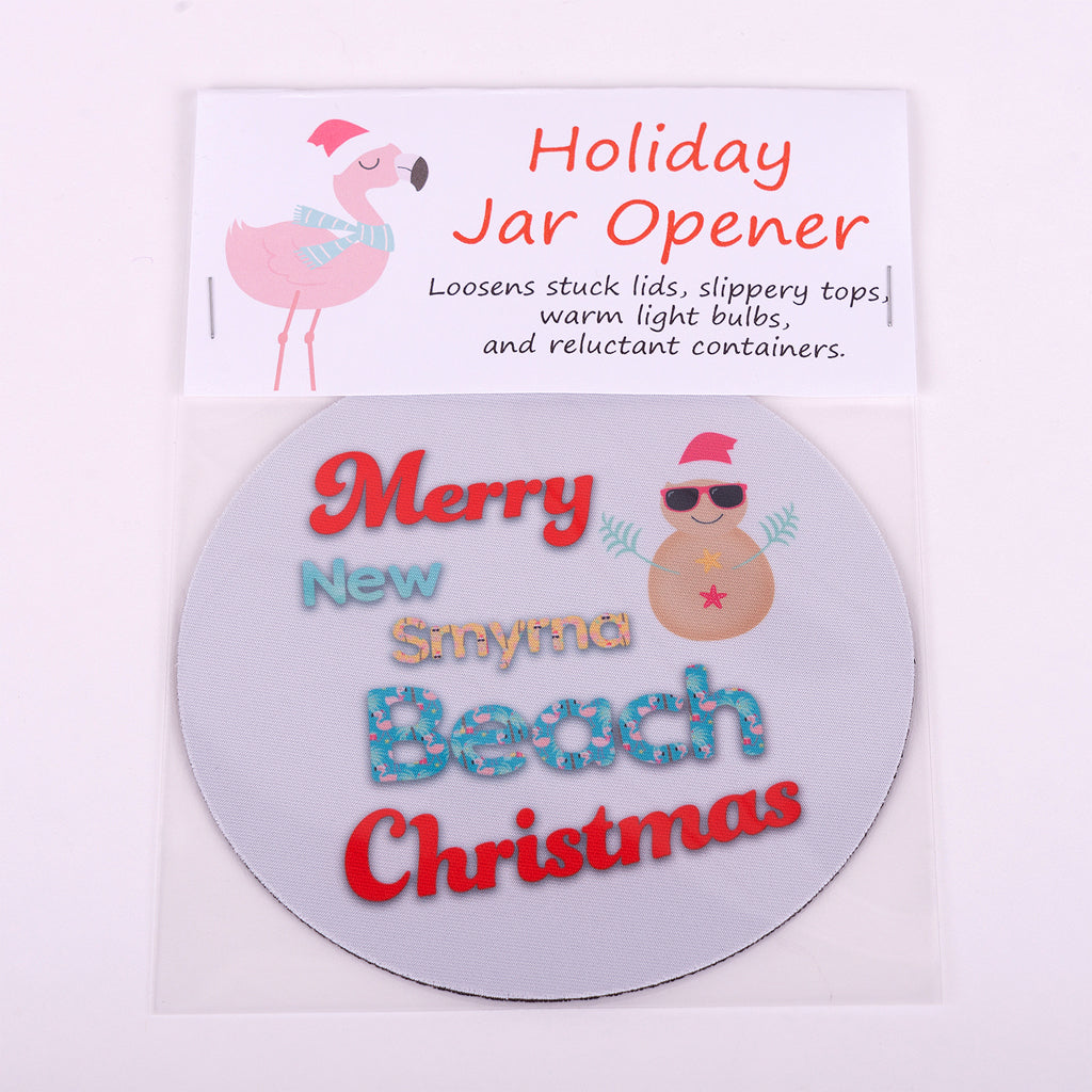 5" Jar Opener Merry New Smyrna Beach Christmas words with a sand snowman