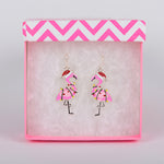 Pink Flamingo Earrings with Santa Hat and Christmas Lights.