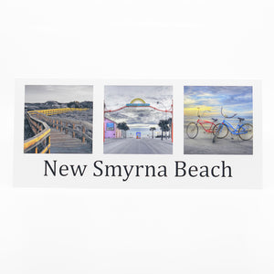 3 favorite landmarks in New Smyrna Beach pano notecard (Dunes Park, Flagler Ave, and Beach Bikes)