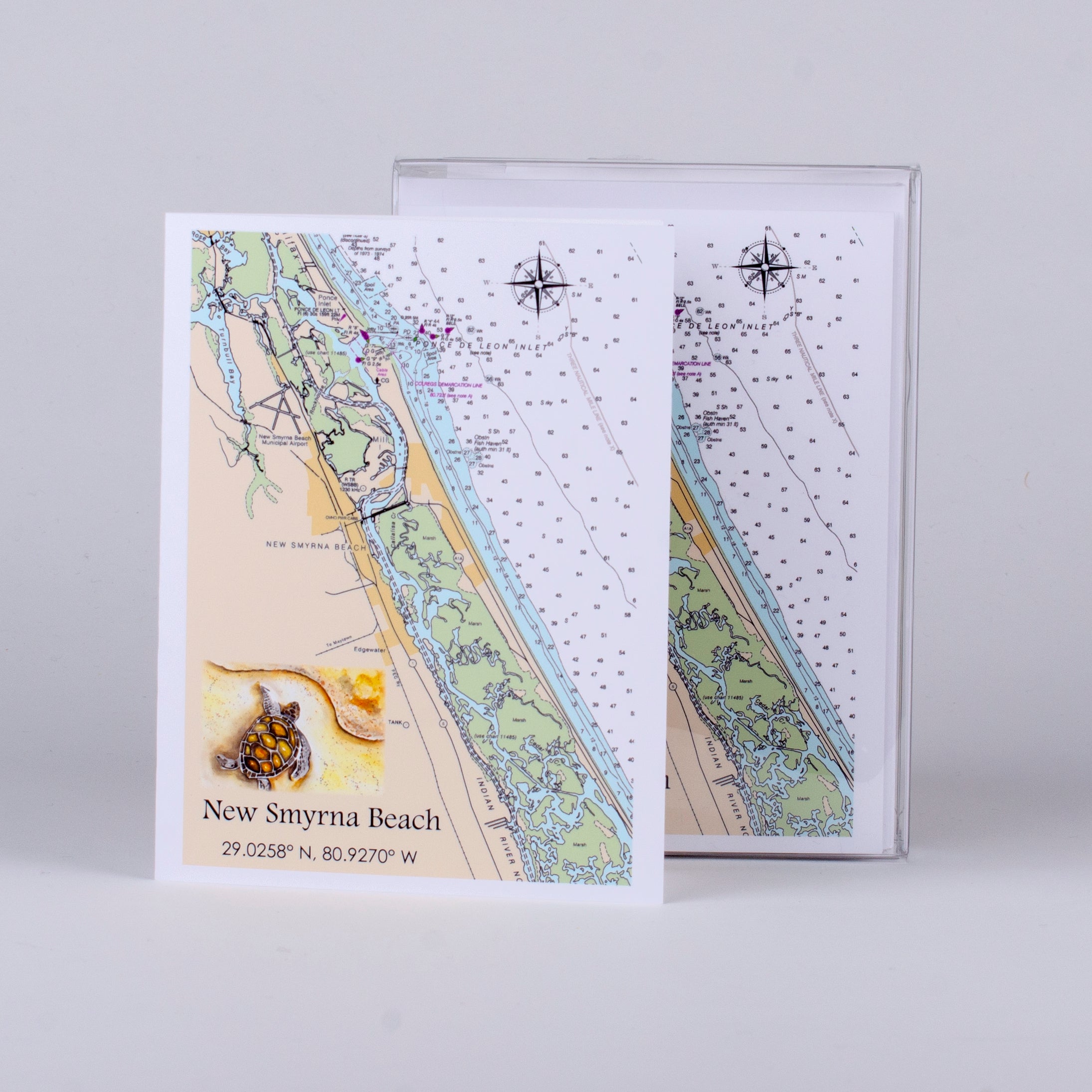 Set of 5 notecards and envelopes on front-New Smyrna Beach Nautical Chart with Sea Turtle (4"x5.25")