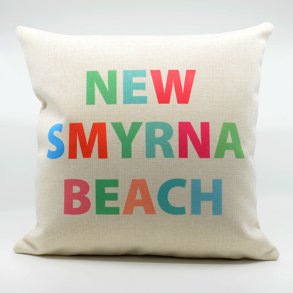 16" x 16" Linen Pillow with colorful words New Smyrna Beach