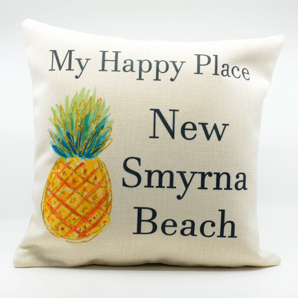16" x 16" Linen Pillow with a image of pineapple and words My Happy Place New Smyrna Beach