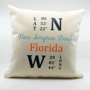 16" x 16" Linen Pillow with  words New Smyrna Beach with LAT AND LONG