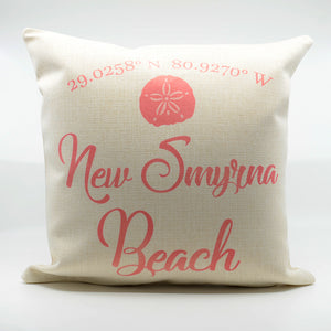 16" x 16" Linen Pillow with a image of sanddollar and words New Smyrna Beach