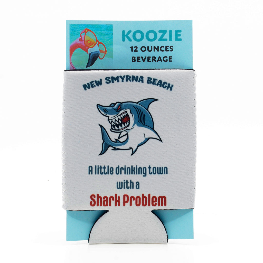 12 ounce rubber koozzie with artwork of Shark with words New Smyrna Beach-a little drinking town with a shark problem