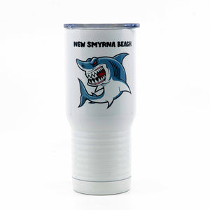 20 ounce polar camel tumbler with artwork of Shark and words New Smyrna Beach-a little drinking town with Shark problem