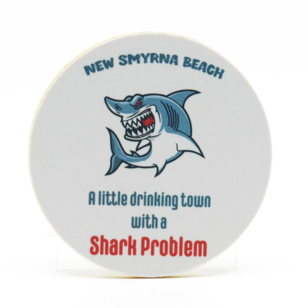 4" Rubber Home Coasters with Shark Artwork and words New Smyrna Beach-A little drinking town with a Shark Problem