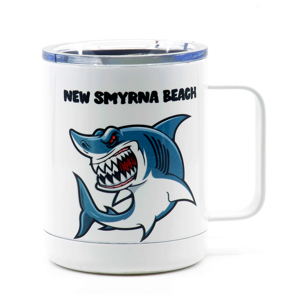 15 ounce polar camel tumbler mug with artwork of Shark and words New Smyrna Beach-a little drinking town with Shark problem