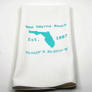 Kitchen Waffle Towel-New Smyrna Beach with LAT and LONG