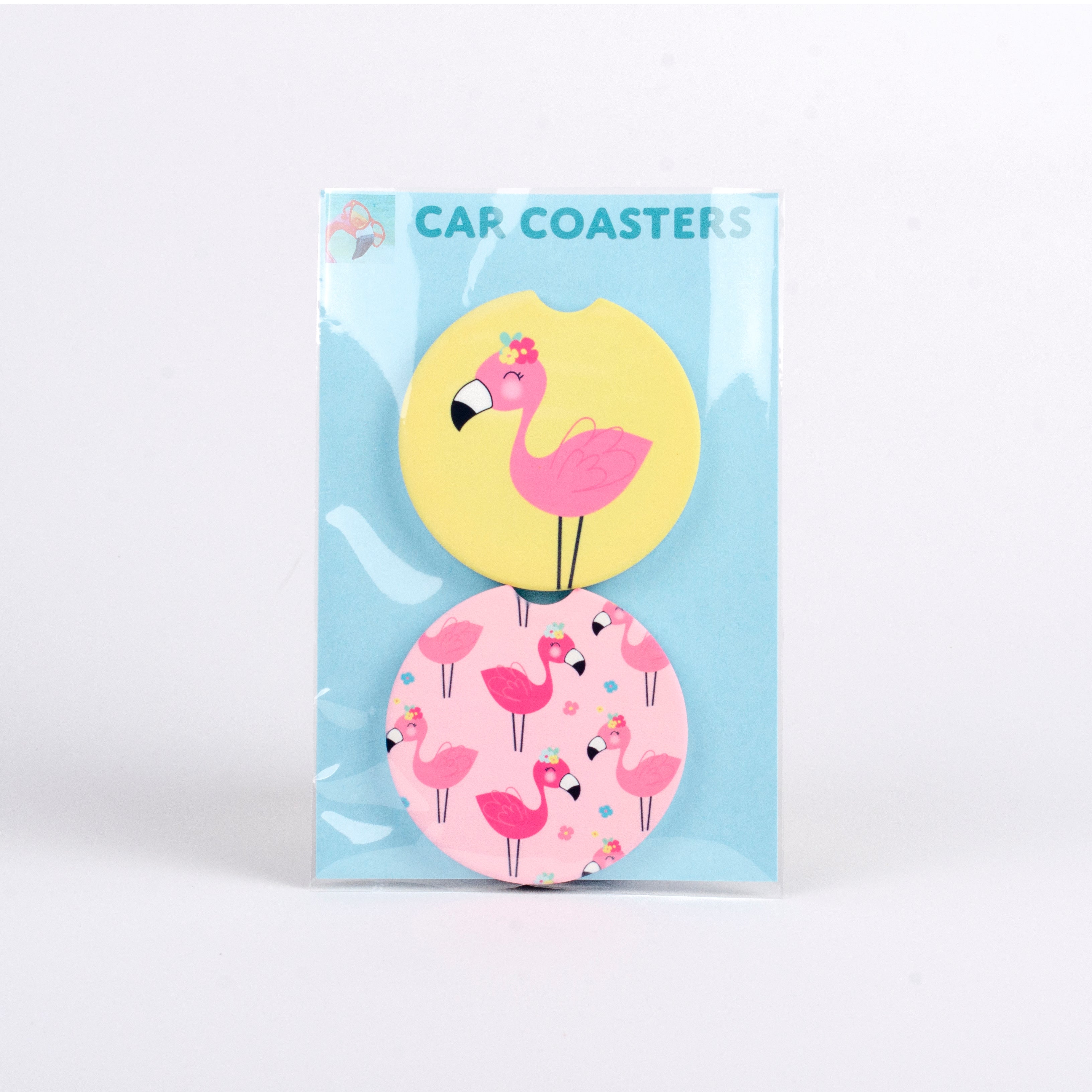 Set of 2 sandstone car coasters with Pink Flamingos
