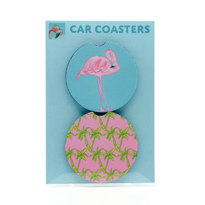 Pink flamingo rubber car coasters (set of 2)