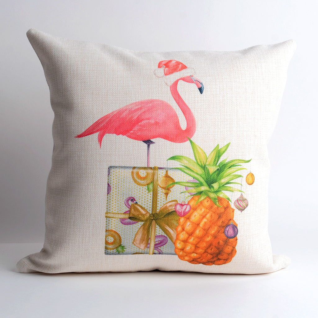 16"x16" pillow-Santa Flamingo, Present and Pineapple