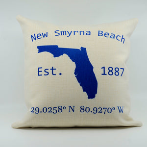 Darker Blue Font State of Florida with LAT and Long New Smyrna Beach Pillow 16x16