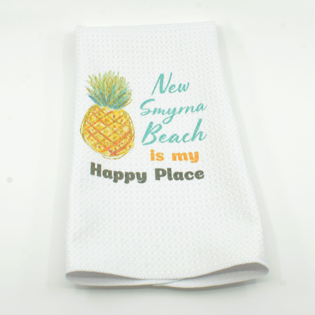 New Smyrna Beach is my Happy Place with Pineapple on a waffle dish towel