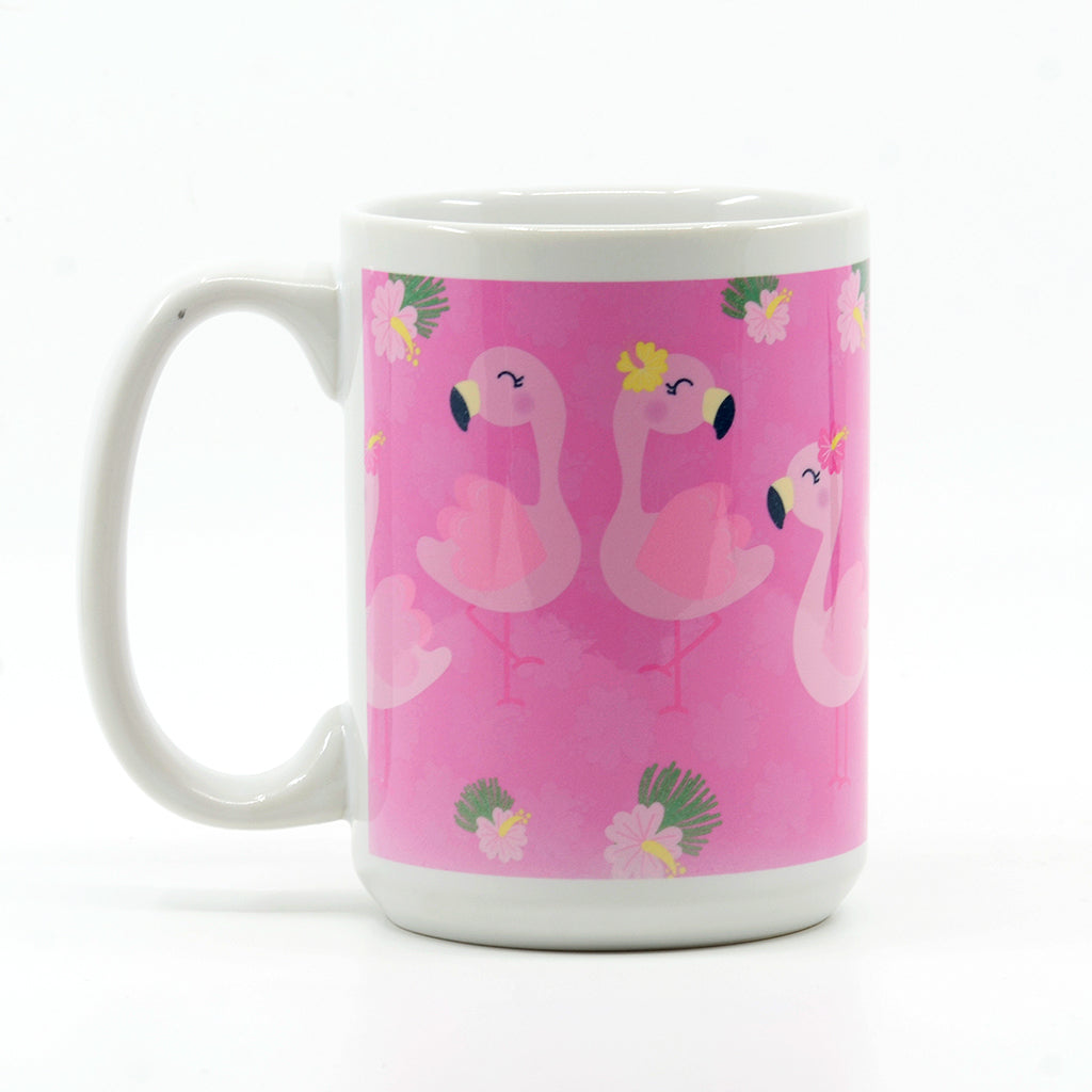 15 ounce white ceramic coffee mug with a wrap of pink flamingos
