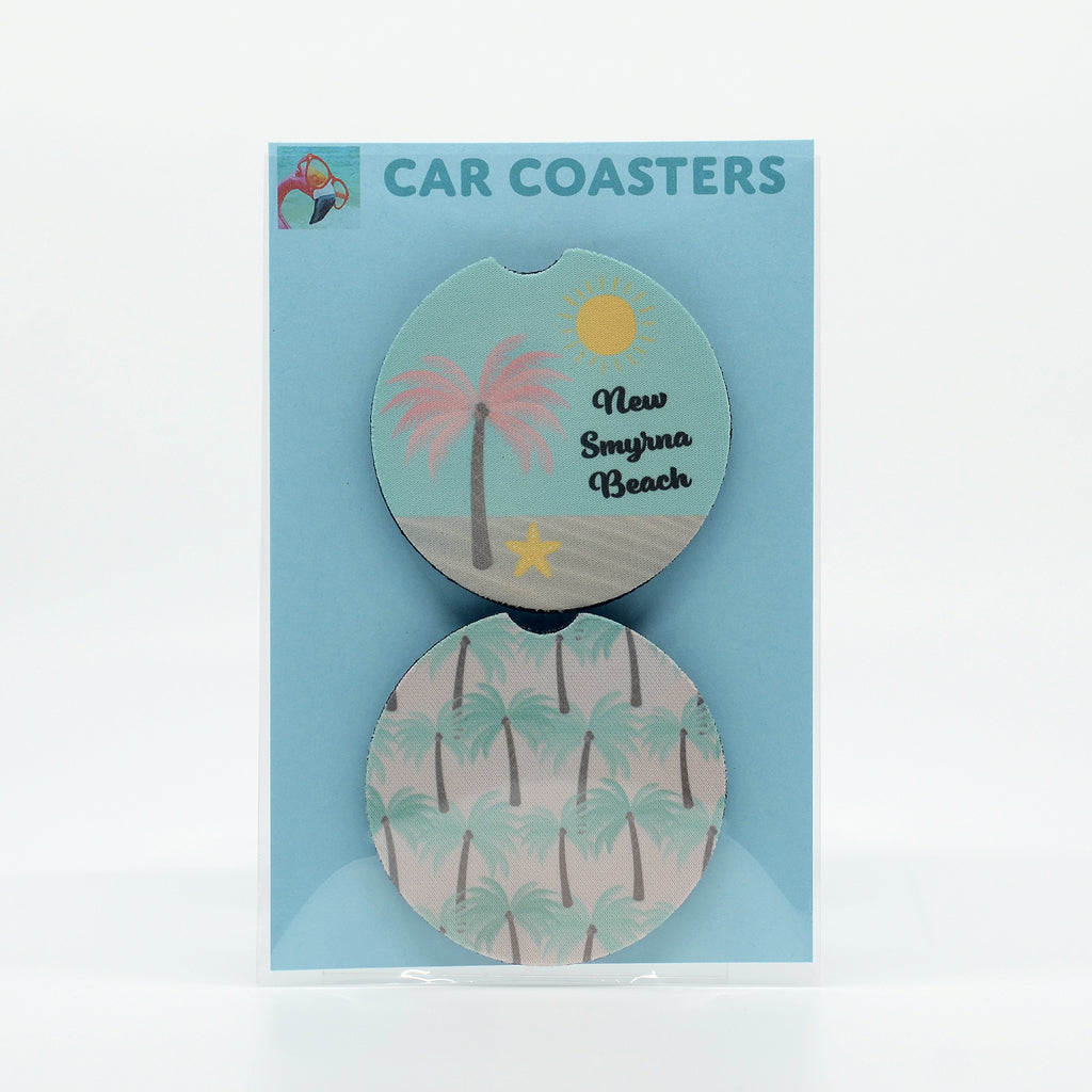 Pink Palm Tree Rubber Car Coasters (set of 2) with name drop New Smyrna Beach