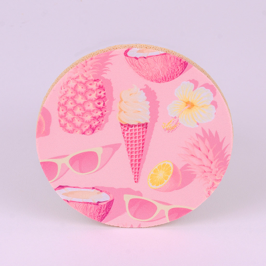 4" round rubber coaster with pink pineapple, sunglasses, ice cream, and flower