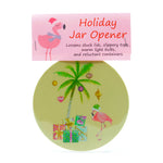 5" Rubber Jar Opener with Santa Flamingo, presents under Palm Tree