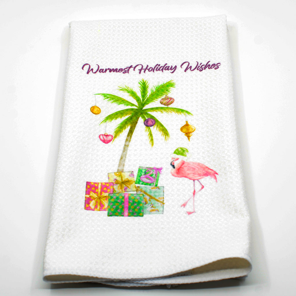 Kitchen Waffle Towel with words Warmest Holiday Wishes-Santa Flamingo and Palm Tree