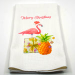Kitchen Waffle Towel with words Merry Christmas-Santa Flamingo, Present and Pineapple