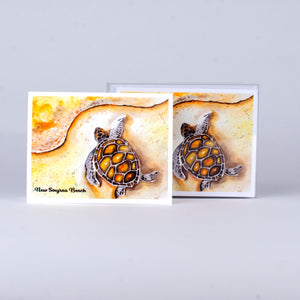 Set of 5 notecards and envelopes on front-Sea Turtle on the Beach with New Smyrna Beach (4"x5.25")