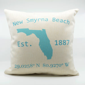 16" x 16" Linen Pillow with a image of Florida State and words New Smyrna Beach with LAT and LONG