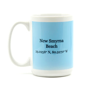 15 ounces white ceramic coffee mug with state of florida map and New Smyrna Beach with LAT and LONG