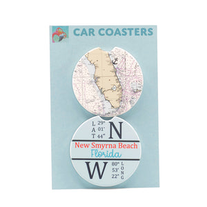 Florida Nautical Chart and LAT and LONG of New Smyrna Beach sandstone car coasters (set of 2)