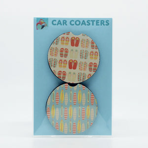 "Surfboard and Flip Flops" rubber coasters add a beautiful addition to your car décor while protecting your cup holder.  